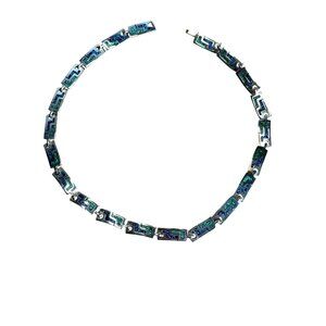 Vintage Mexico Alpaca Silvertone Greek Key Turquoise Inlay Link Necklace 16 3/4"